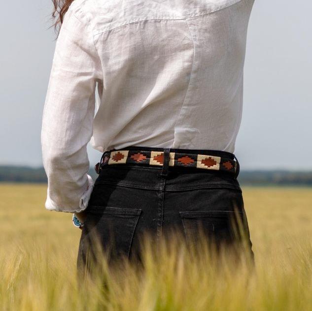 Ceinture argentine / polo femme multicolore et cuir camel - Women's multicolor and camel leather polo / argentinian belt