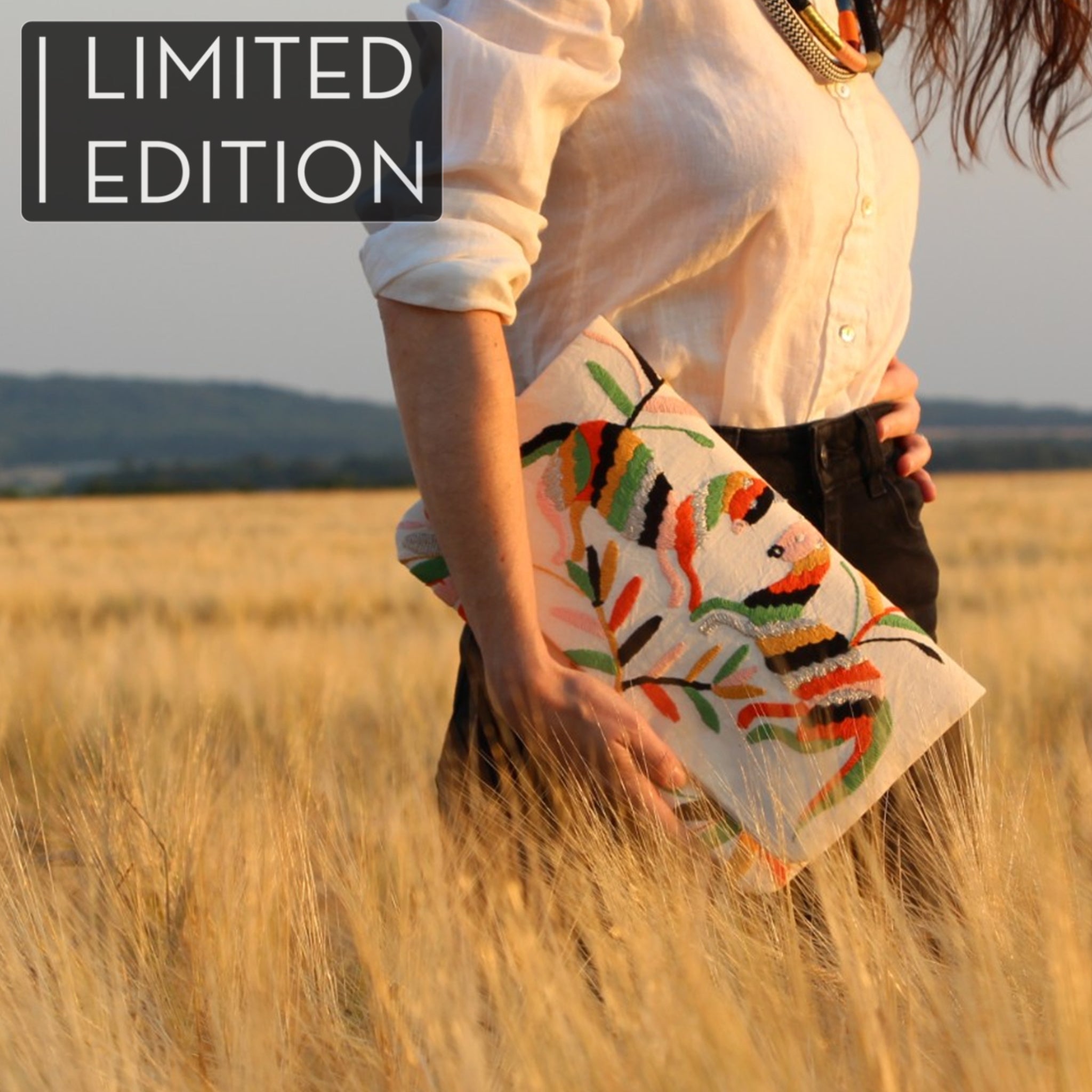 Femme dans un champ de blé portant à la main une pochette brodée en otomi, fabriquée artisanalement au mexique, en collaboration avec l'atelier folklore. Woman in wheat field wearing a hand clutch embroidered in otomi, handcrafted in Mexico, in collaboration with l'atelier folklore