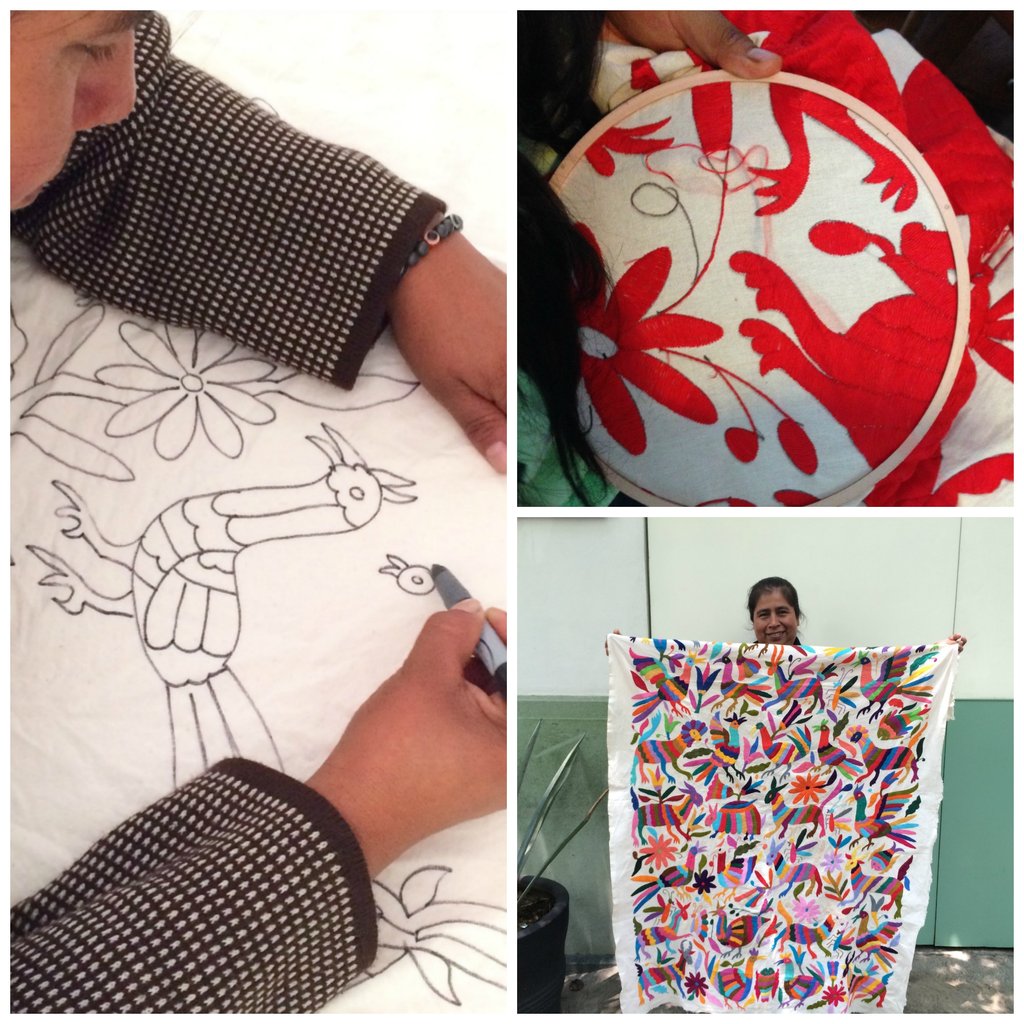 Coussin brodé en otomi en collaboration avec l'atelier folklore, posé sur un fauteuil rose Lloyd Loom et une peau de mouton. Otomi embroidered cushion in collaboration with l'atelier folklore, laying on a Lloyd Loom pink chair and a sheep skin.